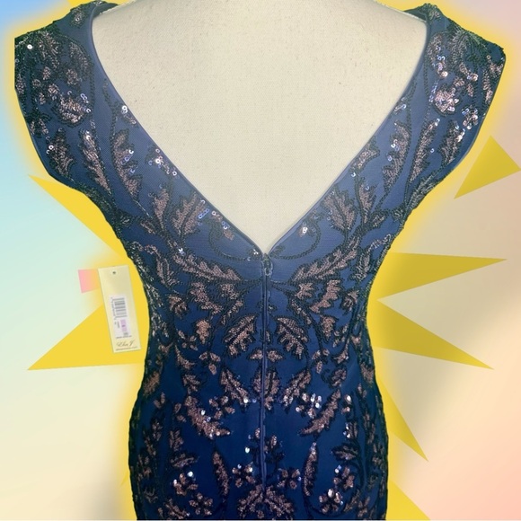 NWT Eliza J Navy Blue ‘Sequin Boat Neck Sleeveless Feather Trim Sheath Dress’ 6 - Picture 11 of 14